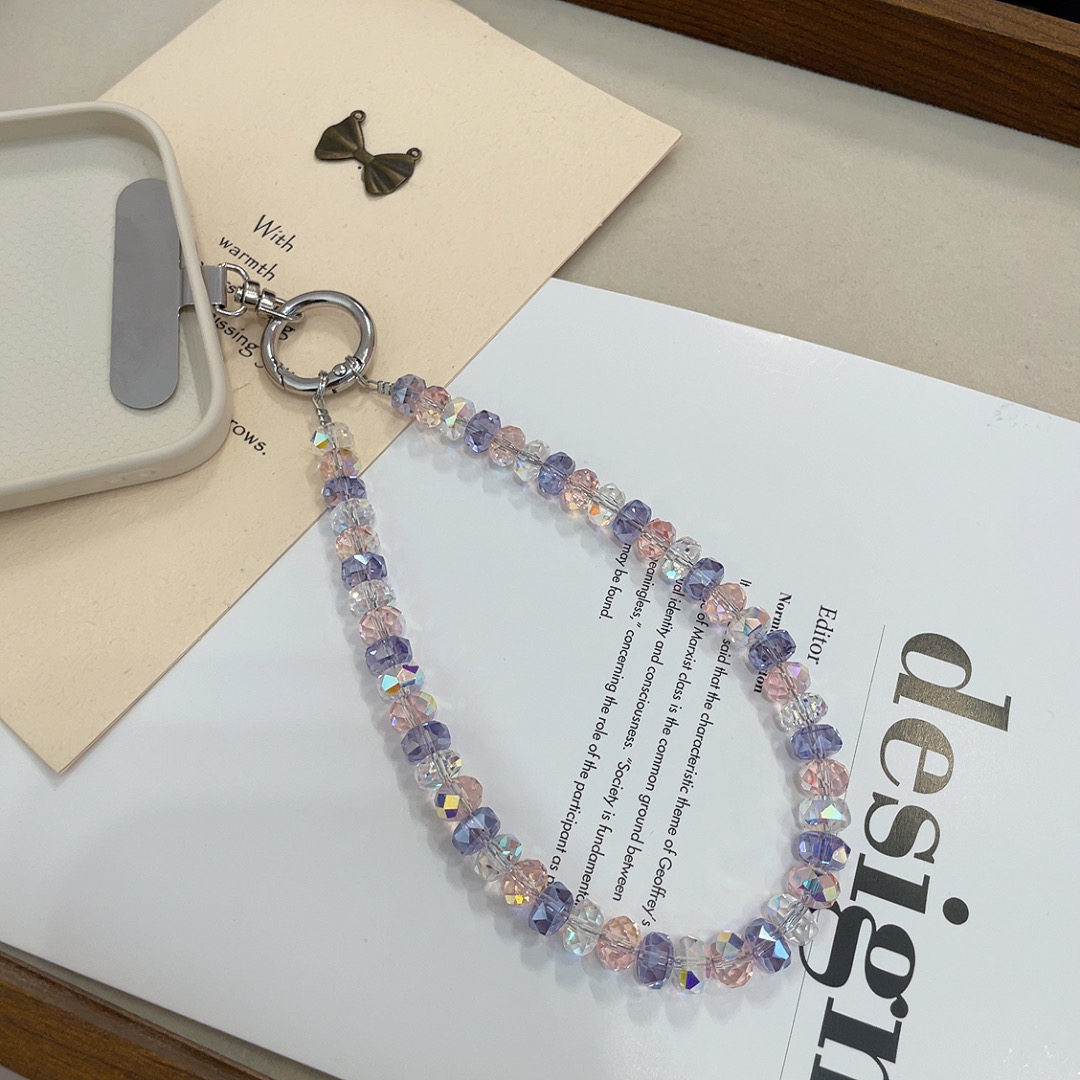 Pinkish-purple sparkly crystal phone chain, camera chain, bag charm, high-quality phone lanyard, beaded keychain