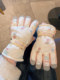 Beige Cute Bear Ski Gloves for Women, Winter Korean Style, Warm, Fleece-Lined, Thickened, Outdoor Windproof, Cold-Resistant, Trendy for Cycling