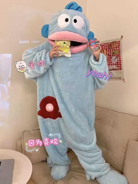 Ugly Fish Pajamas for Women, Autumn and Winter Coral Fleece Couple's One-Piece Cartoon Funny Sleepwear, Men's Thickened Plus Size Sleep Dress