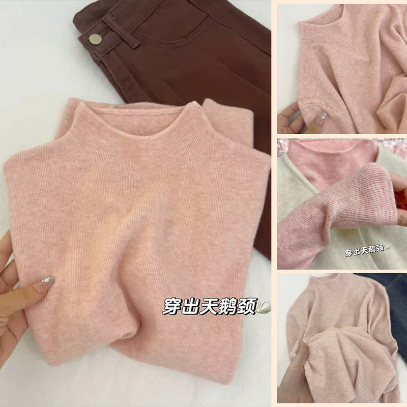 Soft and Fluffy Pink Half-Turtleneck Knitted Base Shirt for Women, Suitable for Autumn and Winter, to Be Worn under Coats, Warm and Cozy Sweater Top