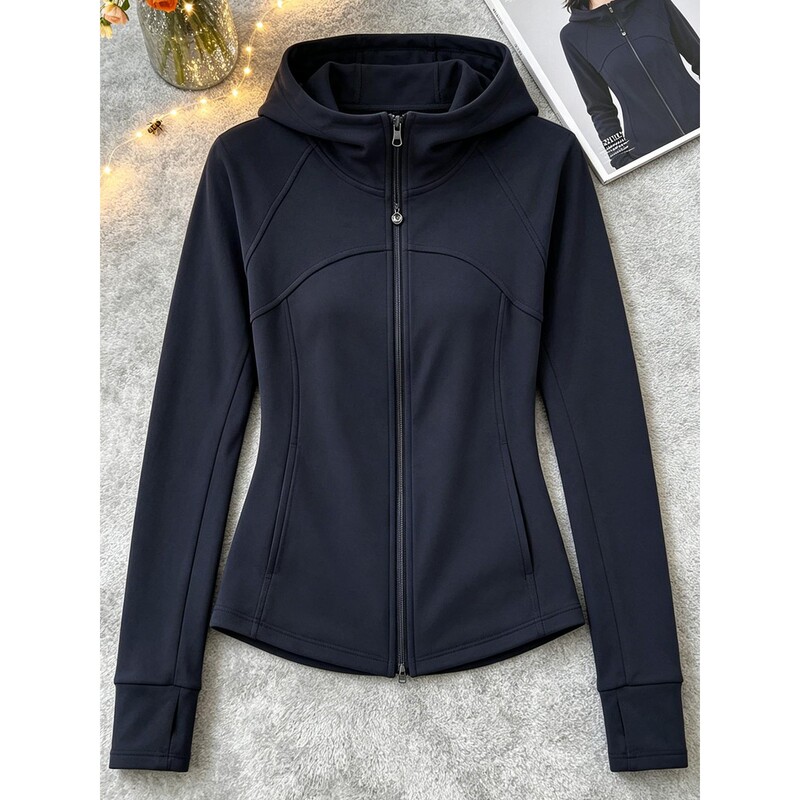 Navy Blue Hooded Stand-Up Collar Zip-Up Sweatshirt Jacket for Women, Autumn and Winter, Slim Waist, down Jacket Inner Layer, Fleece Top