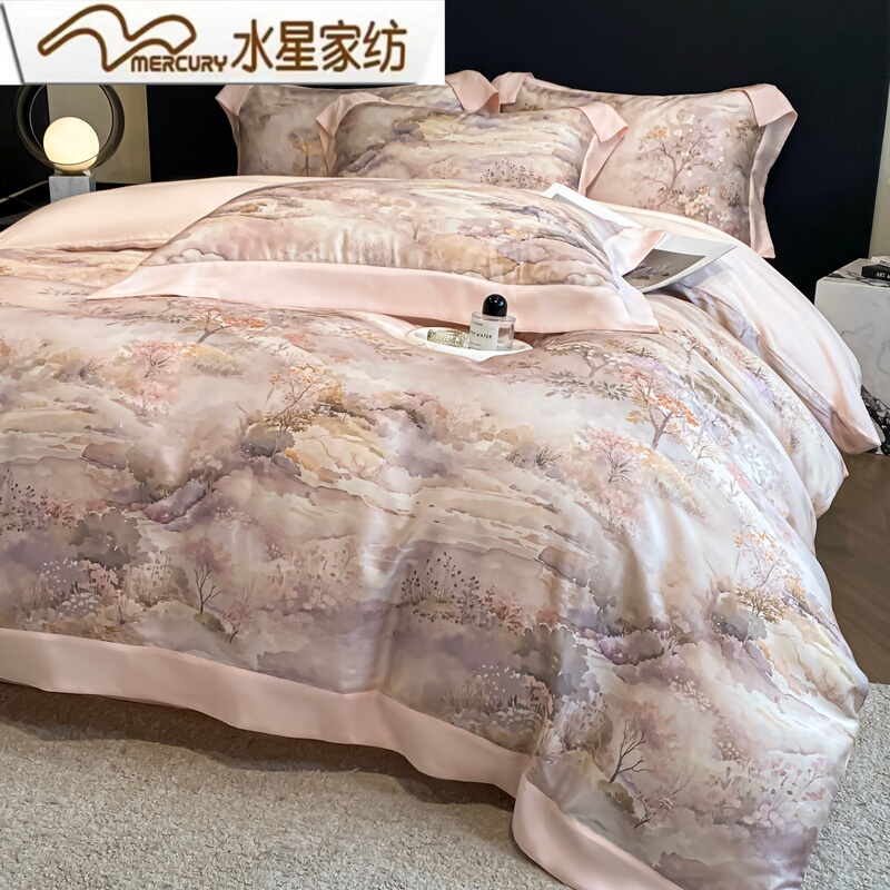 Mercury Home Textiles Light Luxury Lyocell Tencel Four-Piece Set Summer Cool and Silky Printed Duvet Cover Ice Silk Bedding