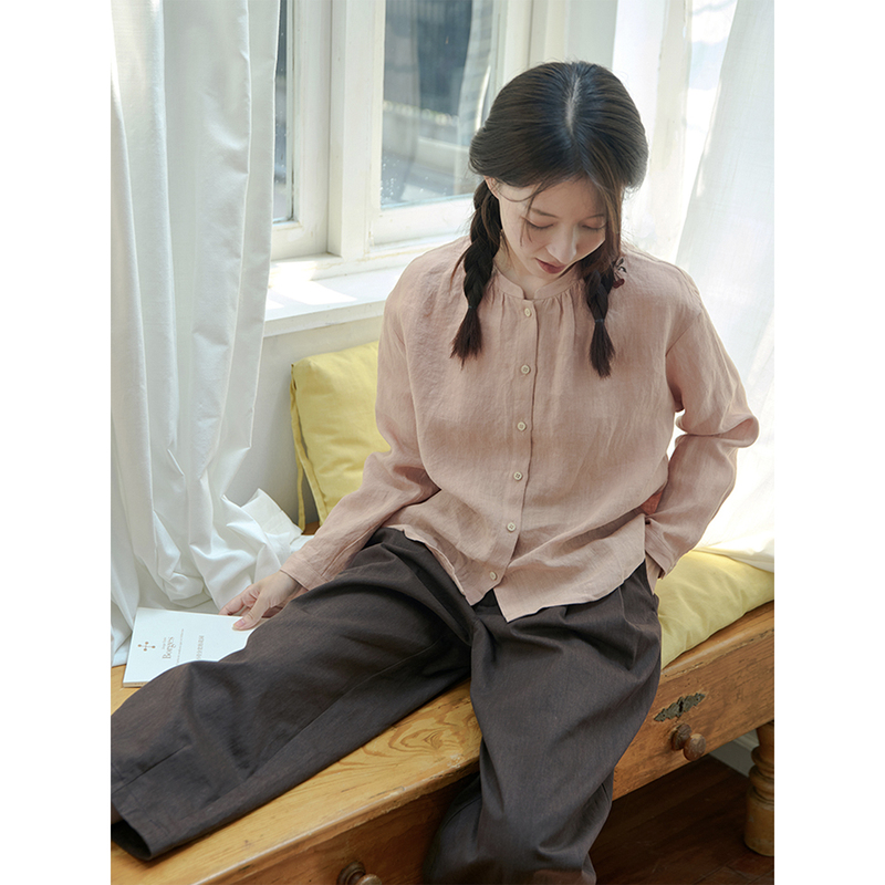 26Qda-045【Red Fruit and Green Branch】Past and Present Life Retro Gentle Artistic Short Stand Collar Embroidered Linen Shirt