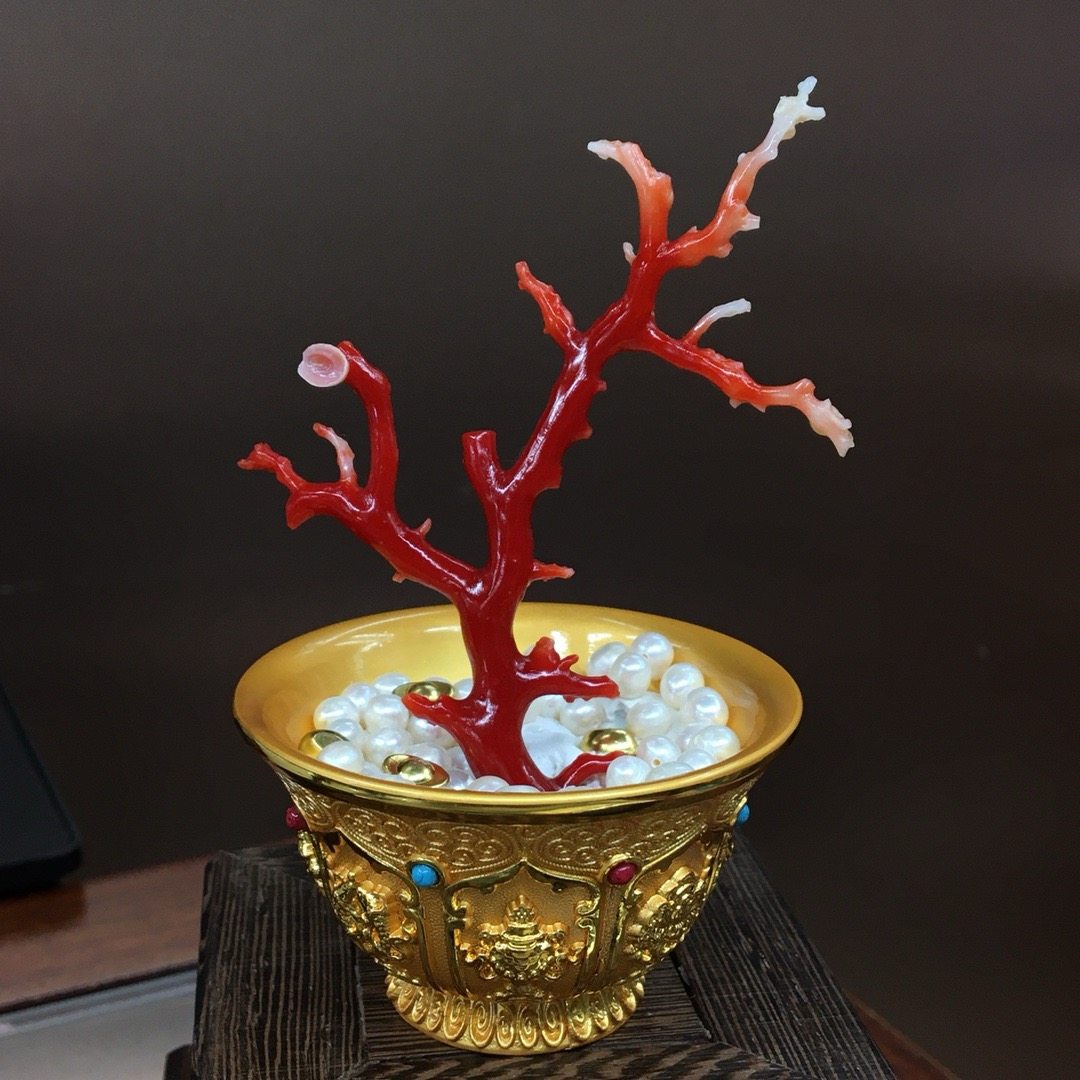 珍邑珊瑚雕刻藝術 「竹」風水置物 赤珊瑚細工彫 寿星 色染 極上