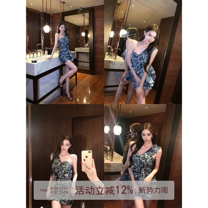 Shirley's "Misty Island Blue Leopard Print" Mature and Sexy Blue Leopard Print One-Shoulder Cinched Waist Ruched Vacation Dress Shirley's "Misty Island Blue Leopard Print" Mature and Sexy Blue Leopard Print One-Shoulder Cinched Waist Ruched Vacation Dress