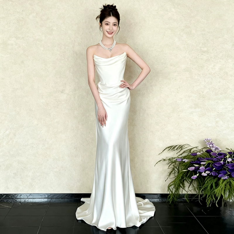 White Satin Strapless Evening Gown 2026 New French High-End Elegant Light Luxury Engagement and Registration Fishtail Dress