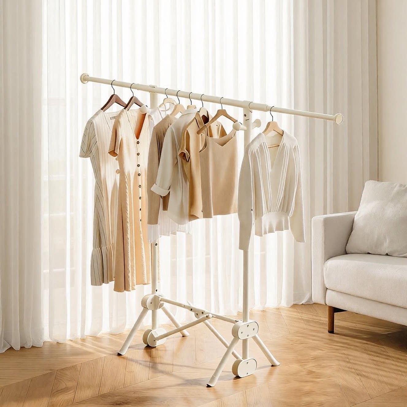 フォーシーズンズ ムゲ 折りたたみ式物干しラック、床置き、バルコニー、家庭用、屋内用、寝室用、多機能物干しハンガー、出窓用物干しラック