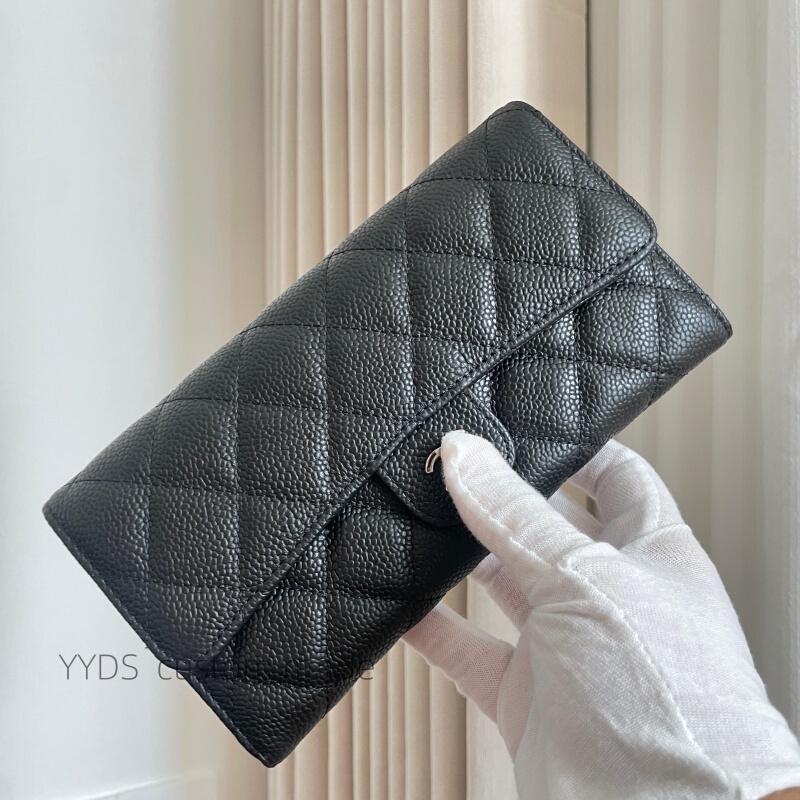 Yyds Classic Clamshell Caviar-Pattern Wallet, Long Style, High-End Quality Genuine Leather, Sheepskin, Cowhide Women's Wallet