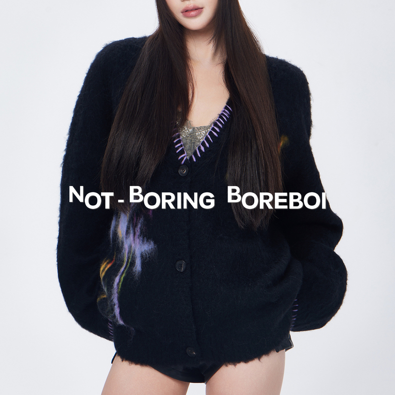 Nbb丨Alpaca Wool Blend Knitted Cardigan Long Plush Floral Jacquard Color-Blocked Edge Sweater Coat