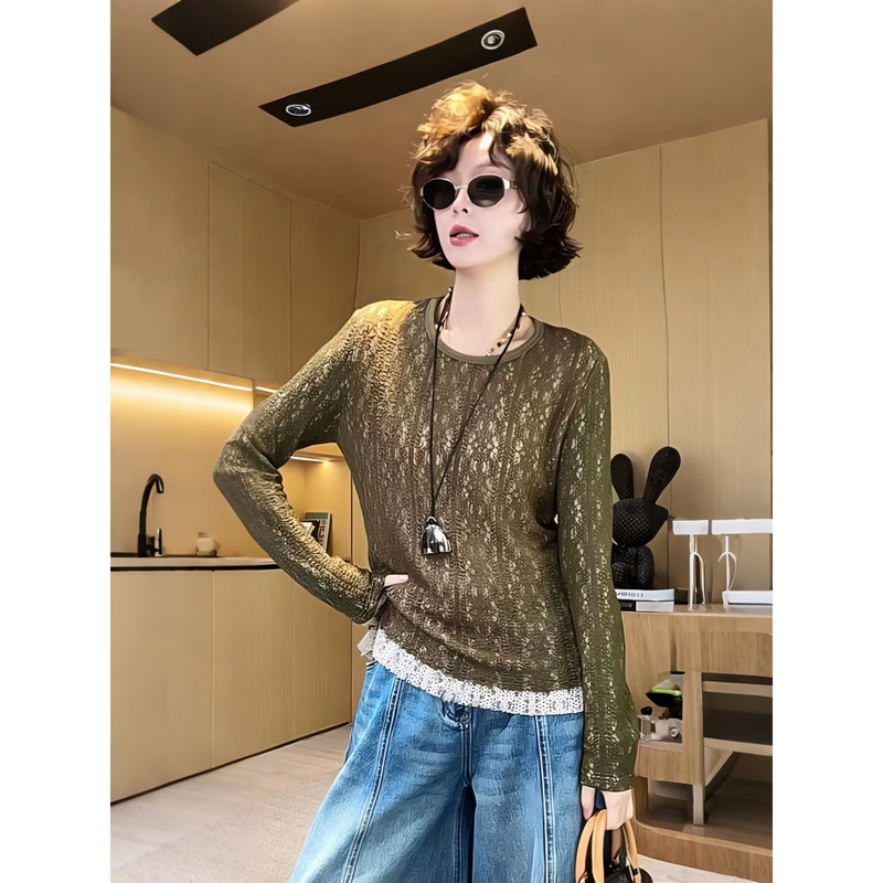 Ouni's Private Collection [Textured Hollow Lace Blouse] 26 Early Autumn New French Style Elegant Top 2608D4593