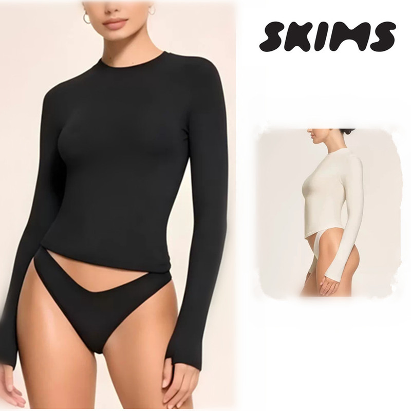 【Authentic】Skims Kardashian Long-Sleeve T-Shirt Elastic Round Neck Slim-Fit Base Layer Top Cotton Jersey 【Authentic】Skims Kardashian Long-Sleeve T-Shirt Elastic Round Neck Slim-Fit Base Layer Top Cotton Jersey