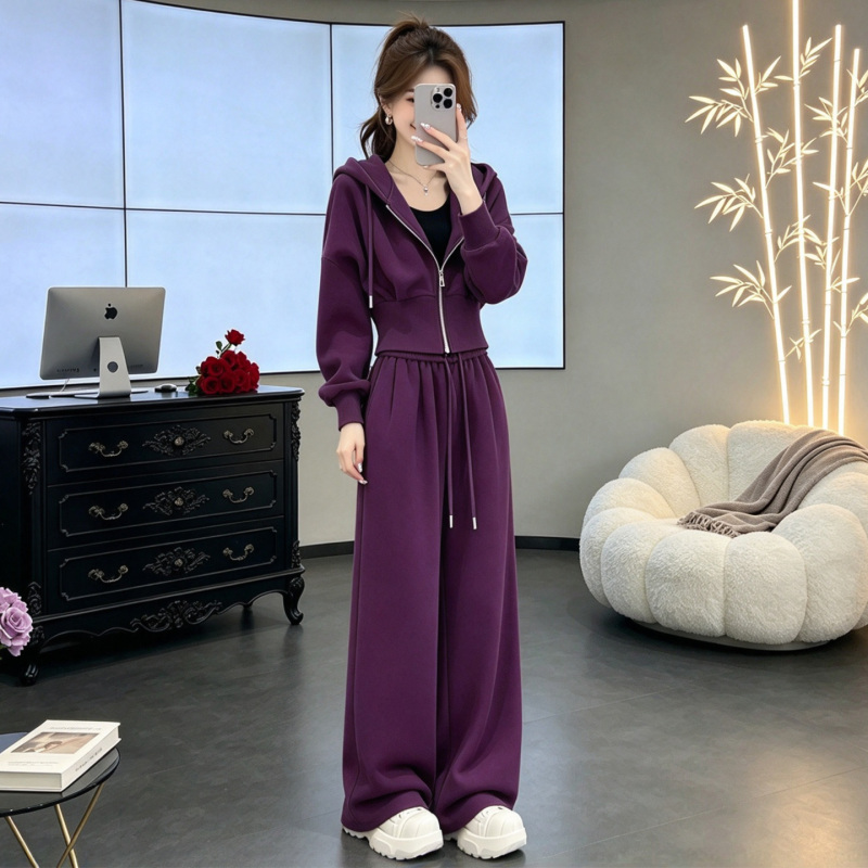 Sports Style Age-Reducing Casual Suit for Women 2026 Autumn and Winter Relaxed Hooded Zipper Sweatshirt Wide-Leg Pants Two-Piece Set