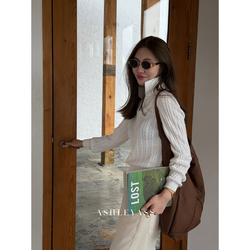 Ashleyass "High Intelligence Old Money Style" High-Thread-Count Double-Strand Seamless Cable Knit Polo Shirt Long Sleeve Women's Autumn