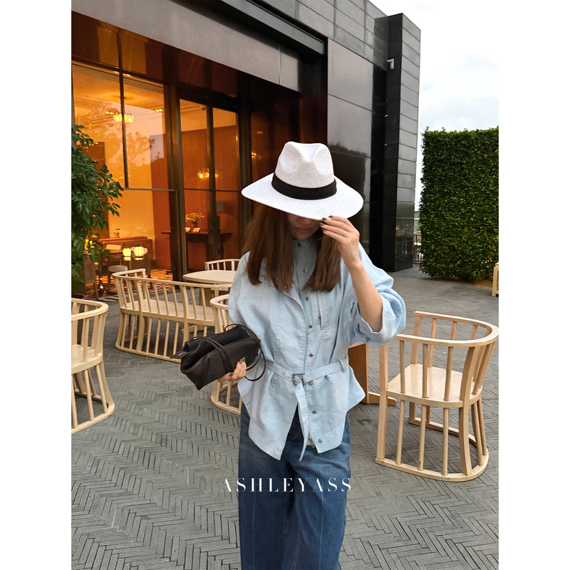 Ashleyass "Provence Clear Sky" Linen Thin Sunscreen Stand Collar Jacket with Belt Short Coat for Women Spring Ashleyass "Provence Clear Sky" Linen Thin Sunscreen Stand Collar Jacket with Belt Short Coat for Women Spring