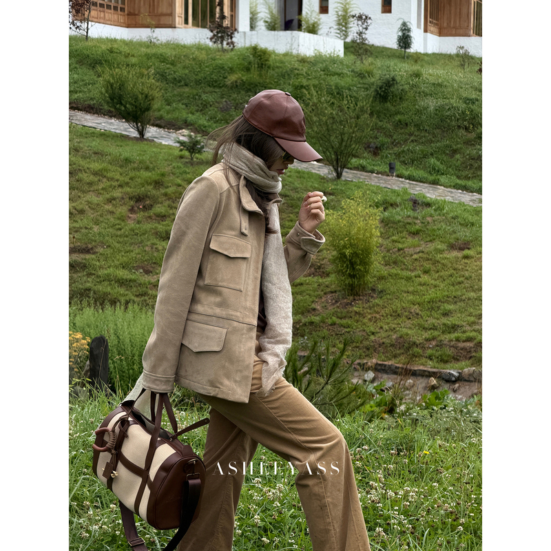 Ashleyass "Urban Traveler" Sheep Leather Matte Suede Texture Workwear Pocket Suede Leather Jacket