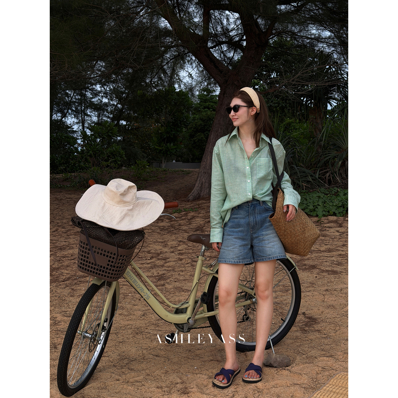 Ashleyass "Mint Green Checkered Pattern Summer Lyocell Linen Blend Shirt Plaid Shirt Women's Top Jacket