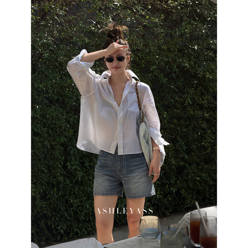 Ashleyass “Summer Roaming” High-Waisted Washed and Faded A-Line Wide-Leg Slimming Denim Shorts for Women, Versatile