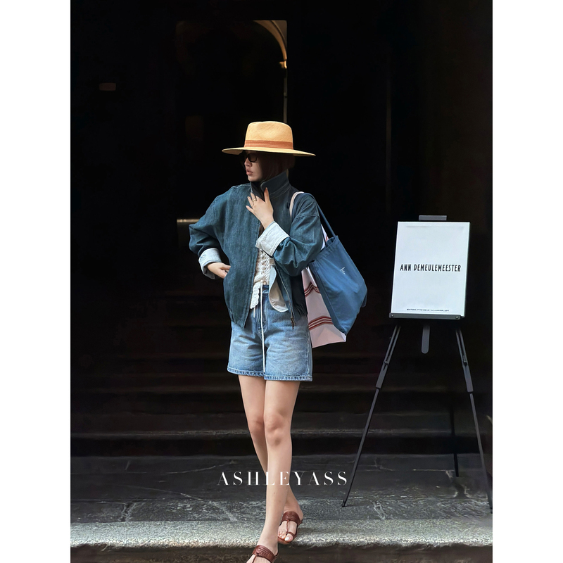 Ashleyass "Great Navigator" 100 Combed Cotton Vintage Indigo Drop Shoulder Workwear Denim Jacket for Women Autumn