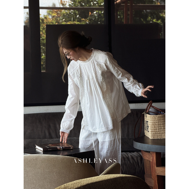 Ashleyass Holiday Organ-Style French Vacation 100% Combed Cotton Heavy-Duty Hollow Lace Embroidery Shirt Top