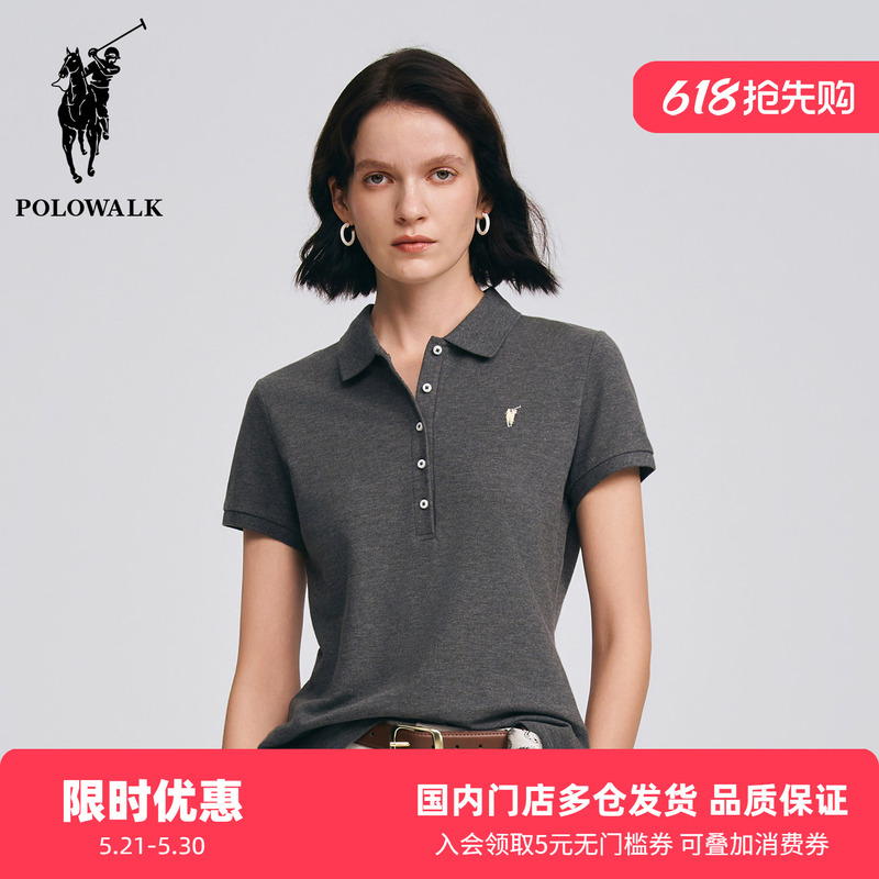 Polowalk Classic Five-Button Solid Color Short-Sleeve Polo Shirt Summer Women's Pique Cotton Turn-Down Collar T-Shirt Trendy Polowalk Classic Five-Button Solid Color Short-Sleeve Polo Shirt Summer Women's Pique Cotton Turn-Down Collar T-Shirt Trendy