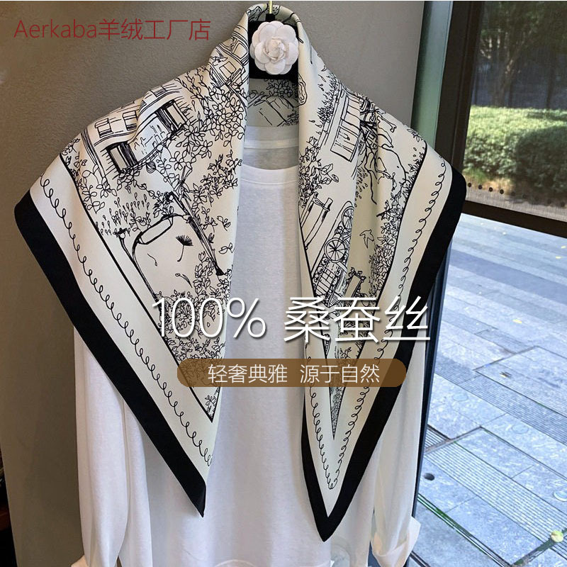100% Mulberry Silk Elegant Fashion Silk Scarf Thin Sun Protection Shawl Neck Scarf Sketch Painting Triangle Scarf