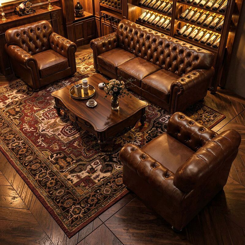 American-Style Private Club Cigar Bar Lounge Sofa, Vintage Whiskey Bar Table and Chairs, Old Money Style Single and Double Seats