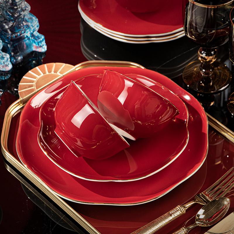 Jingdezhen Ceramic Tableware Red Jubilee Full Set New Bone China Bowl and Plate Set Household Chinese Light Luxury Tableware
