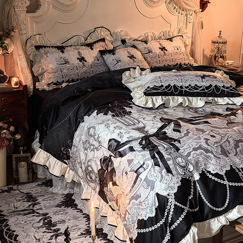Liorahome Lolita Dark Style Bed Sheets Gothic Pure Cotton Four-Piece Set Princess Lace Bedding Liorahome Lolita Dark Style Bed Sheets Gothic Pure Cotton Four-Piece Set Princess Lace Bedding