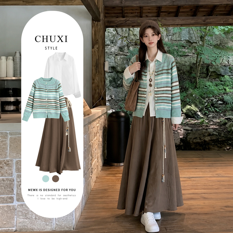 Korean Style Autumn Outfit Green Knit Cardigan for Women 2026 Super Popular Autumn Clothing Set Round Neck Striped Sweater Korean Style Autumn Outfit Green Knit Cardigan for Women 2026 Super Popular Autumn Clothing Set Round Neck Striped Sweater