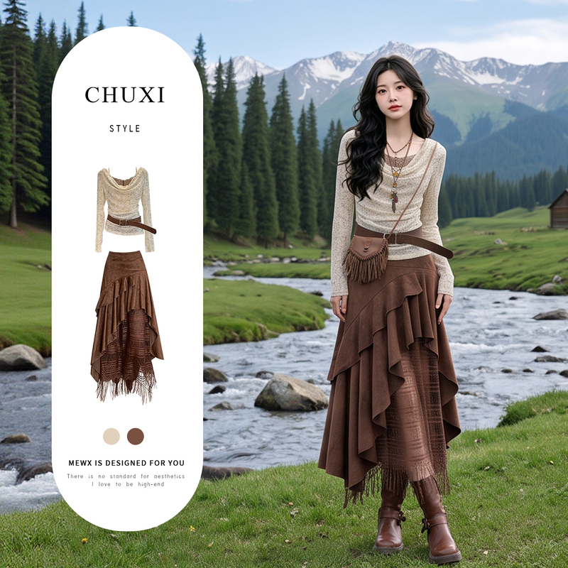Sichuan Western Travel Summer Outfit: Coffee-Colored Dress for Women, 2026 Super Trendy Summer Outfit, Complete Set of Bohemian Cinched-Waist Dress