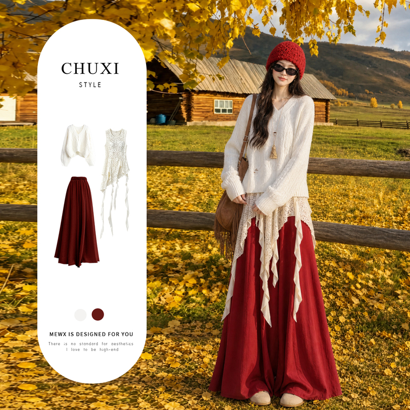 National Day Xinjiang Travel Red Dress for Women, Autumn 2026, Light and Mature Style, Intellectual Miu-Style Outfit Set Dress