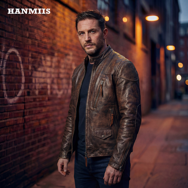 Hanmiis Tea Core Venom Leather Jacket First Layer Cowhide Genuine Leather Stand Collar Coat Washed Vintage Motorcycle Jacket for Men
