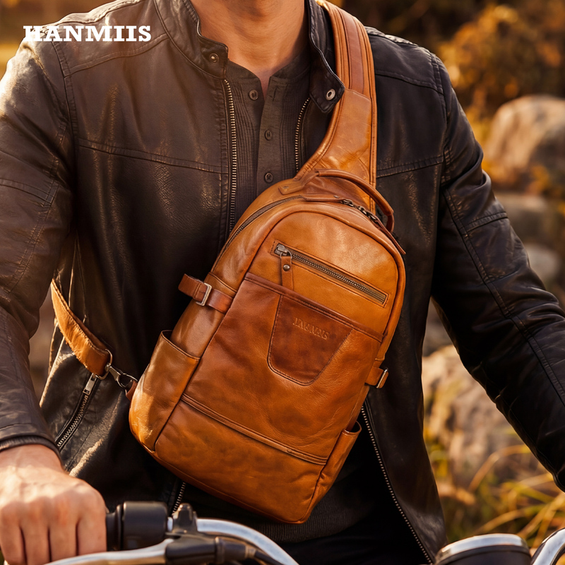Hanmiis/Han Ming Shi Large-Capacity Genuine Leather Crossbody Bag, First-Layer Cowhide Vintage Chest Bag, Hand-Rubbed Color Single-Shoulder Bag