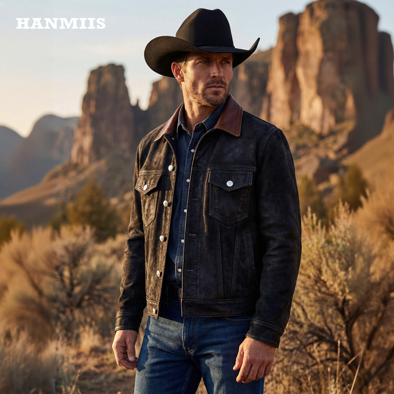 Hanmiis Yellowstone Denim Leather Jacket American Retro Genuine Leather Jacket Distressed Washed Biker Leather Jacket for Men Hanmiis Yellowstone Denim Leather Jacket American Retro Genuine Leather Jacket Distressed Washed Biker Leather Jacket for Men