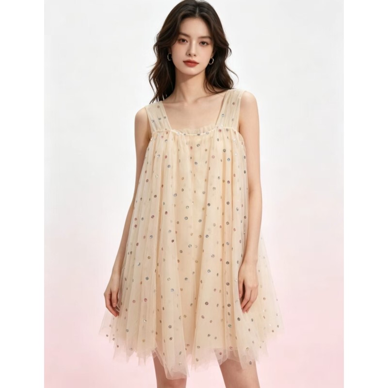 Xuanxuan~ Sequined Mesh Super Fairy-Like Puffy Vest Dress