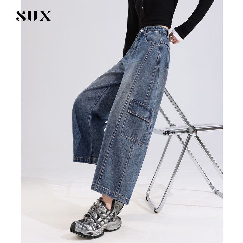 Vintage Blue Nine-Point Workwear Jeans for Women, Slimming, 2026 New Autumn High-Waisted Petite Scimitar Wide-Leg Pants