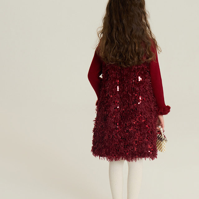 Girls' Autumn and Winter Quilted Birthday Princess Dress Korean Style Christmas Feather Sequin Vest Dress New Year Outfit Dress