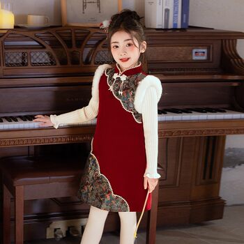 Girls' Plush Patchwork Stylish New Chinese-Style Improved Qipao Dress Children's Winter Thickened Warm New Year Outfit
