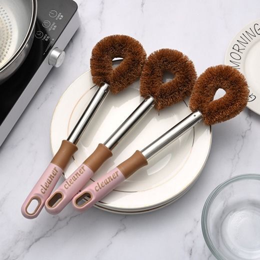 Upgraded Long-Handled Pot Brush, Non-Stick Oil-Free Dishwashing Brush, Coconut Palm Cleaning Brush with Steel Handle That Won'T Damage Pots, Kitchen Cleaning Magic Tool