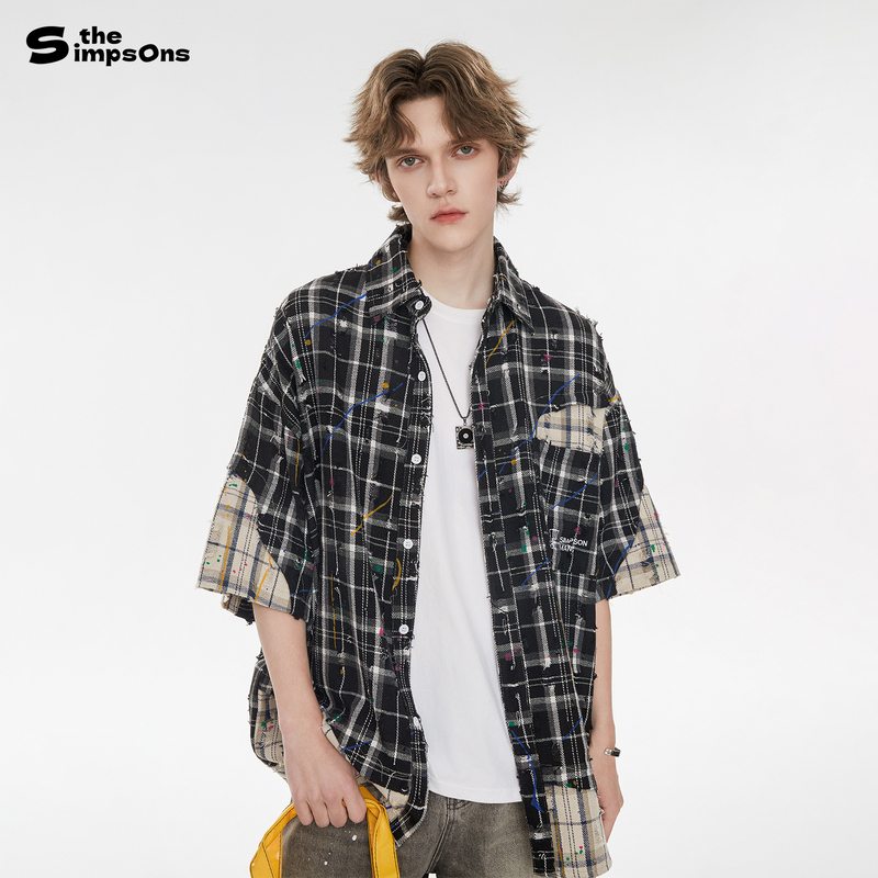 [Same Style as Su Xing] the Simpsons Short-Sleeved Shirt for Men, New Summer Style Couple's Retro Plaid Shirt for Women