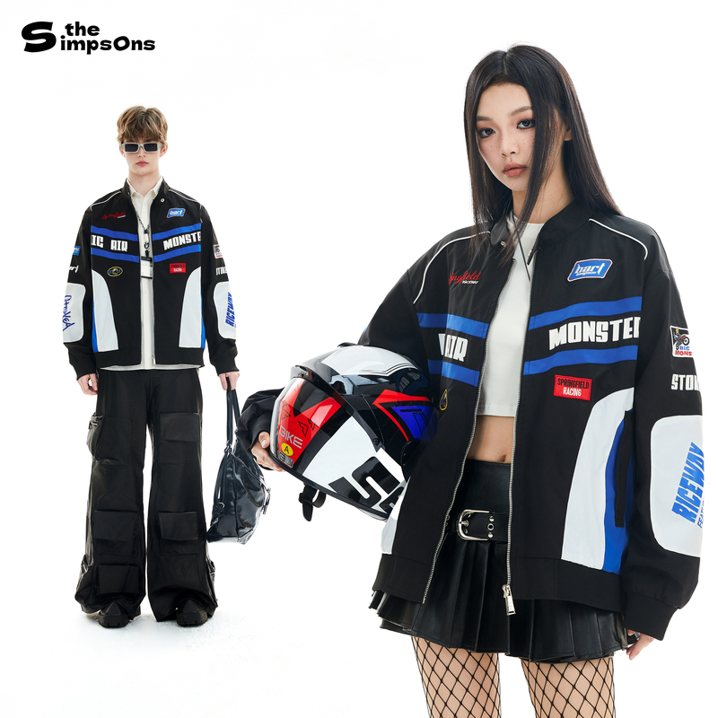 [Same Style as Shen Yue] the Simpsons Racing Jacket Men's American Retro Motorcycle Jacket Stand Collar Casual Coat