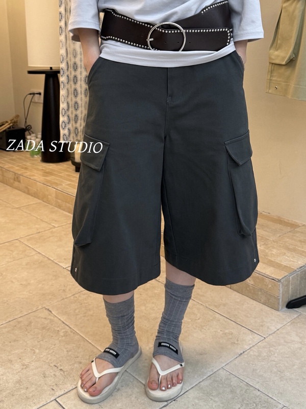 Zada2026 Summer Work Pants with Large Pockets, High-Waisted, Wide-Leg, Loose Shorts, Casual Cropped Pants
