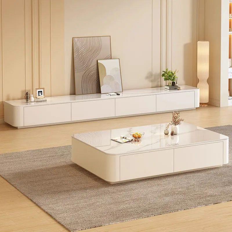 Cream style household living room small apartment floor-standing tempered glass coffee table TV cabinet combination living room TV cabinet set