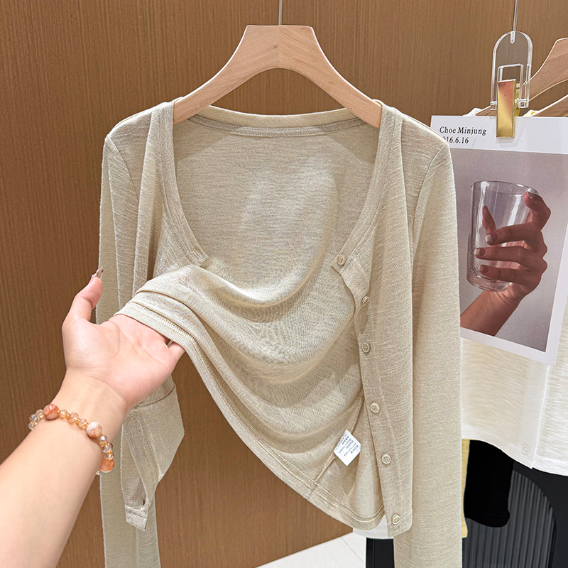 Old Money Style Khaki Linen-Like Ice Silk Sun Protection Cardigan for Women, Thin Knitted Shawl to Wear with a Slip Dress Old Money Style Khaki Linen-Like Ice Silk Sun Protection Cardigan for Women, Thin Knitted Shawl to Wear with a Slip Dress
