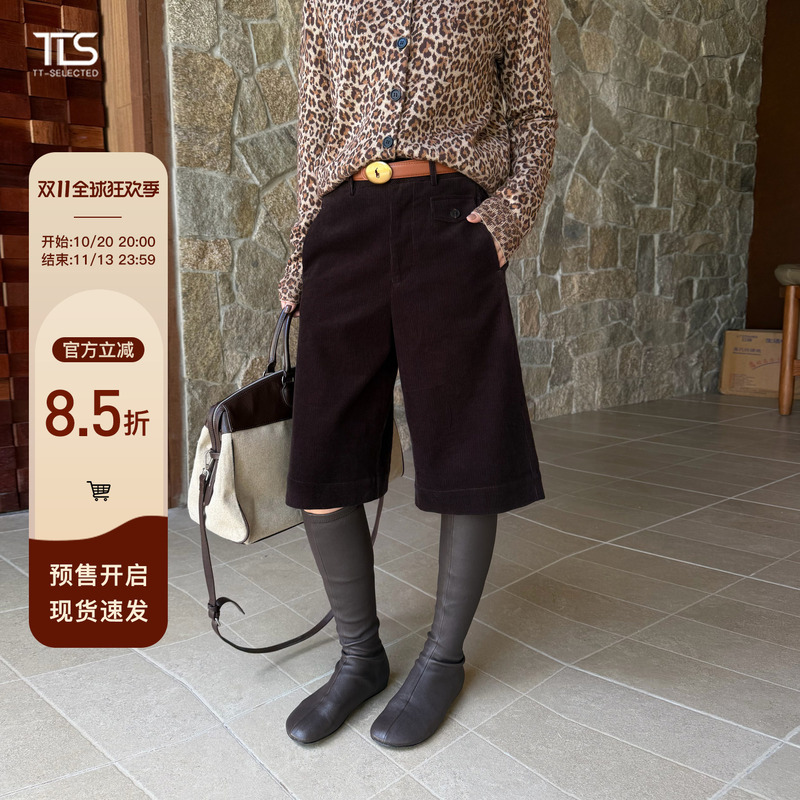 Auntie Tts [Corduroy Mid-Length Pants] Corduroy Five-Point Mid-Length Pants for Women 2026 Autumn High-Waisted Slimming Casual Shorts