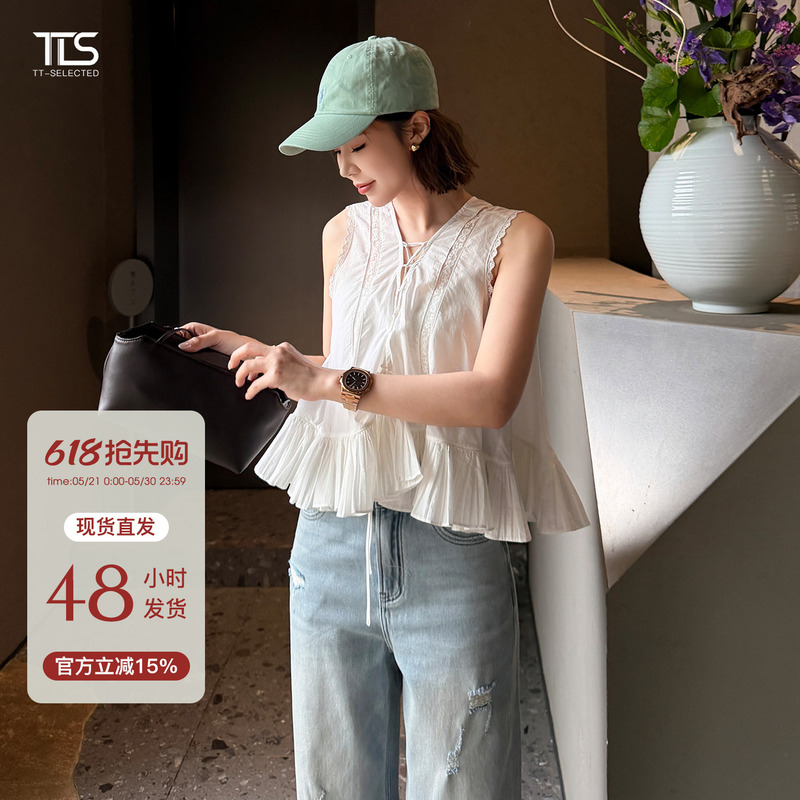 Auntie Tts [Babydoll Shirt] White Lace Trim Tank Top for Women 2026 Summer New Sleeveless Outerwear Top