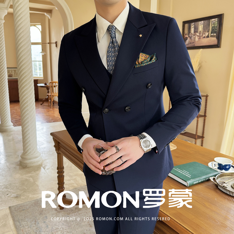 Romon Double-Breasted Suit Jacket for Men, British Style, High-End Slim Fit, Wedding Groom Suit, Casual Business Formal Wear