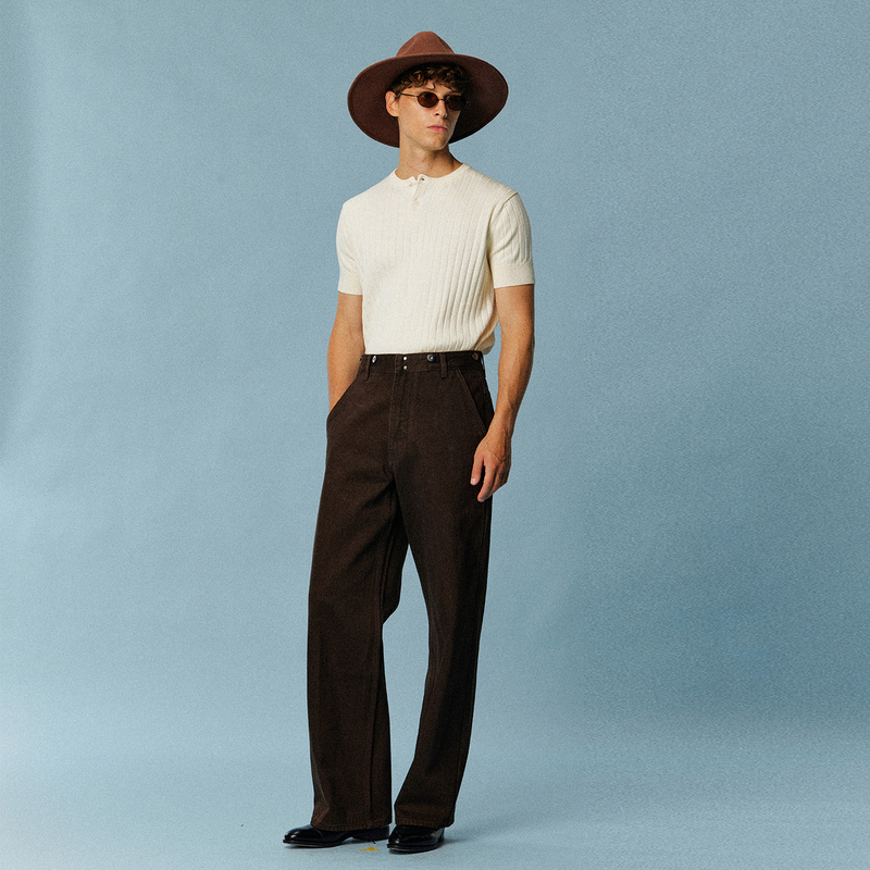 Kruni Retro High-Waisted Straight-Leg Black Weft Dark Brown Paris Button Jeans