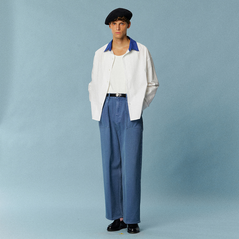 Kruni Mid-Waist Straight-Leg Pre-Dyed Washed Vintage-Style French Blue Herringbone Deck Pants Kruni Mid-Waist Straight-Leg Pre-Dyed Washed Vintage-Style French Blue Herringbone Deck Pants