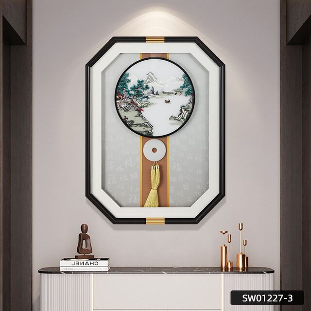 New Chinese-Style Suzhou Embroidery Living Room Decorative Painting, High-End Sofa Background Wall Hanging Painting, Handmade Painting with Octagonal Frame, Embroidered Triptych